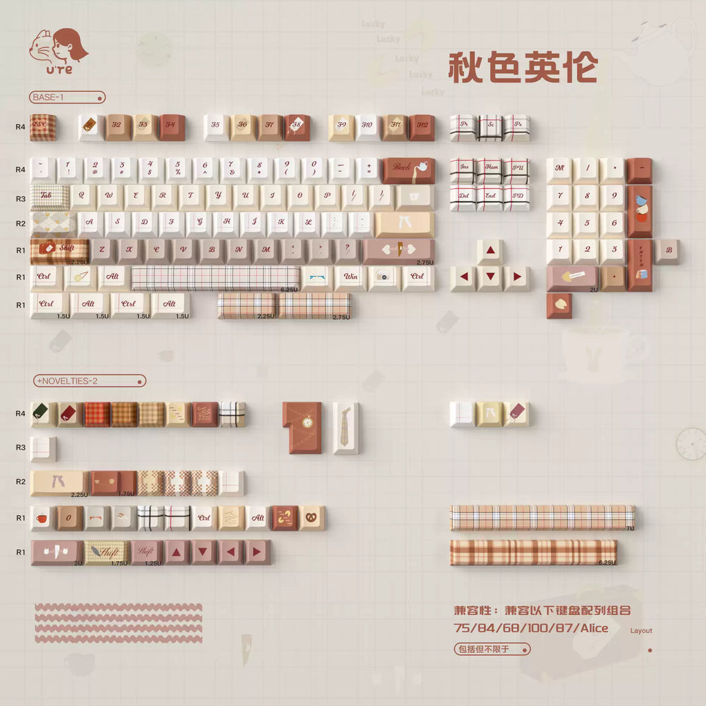 Comprehensive layout of a beige and pink autumn British style keycap set with decorative patterns, including special icons and themed designs.