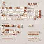 Comprehensive layout of a beige and pink autumn British style keycap set with decorative patterns, including special icons and themed designs.
