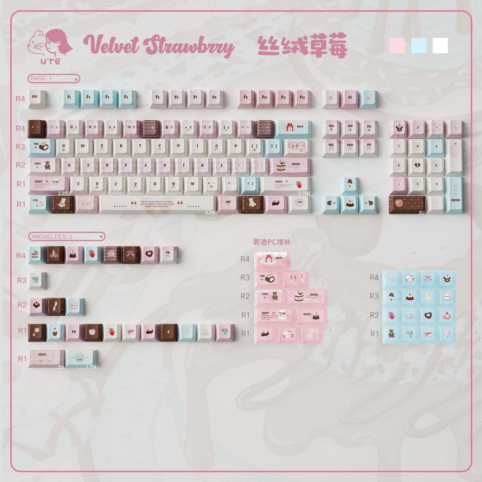 Velvet strawberry pink keyboard PC + PBT keycaps