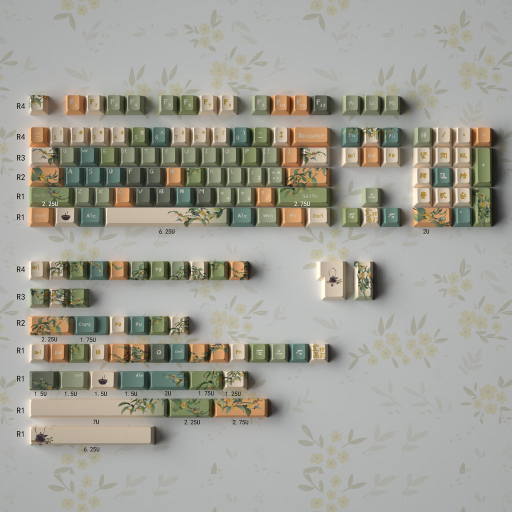 Urelab Osmanthus Oolong PBT Keycap Set | Cherry Profile | Aesthetic Floral Keycaps