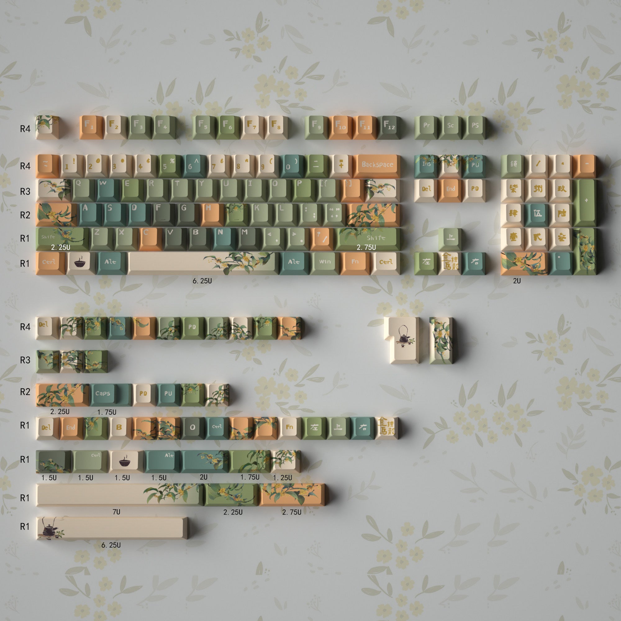 Urelab Osmanthus Oolong PBT Keycap Set | Cherry Profile | Aesthetic Floral Keycaps