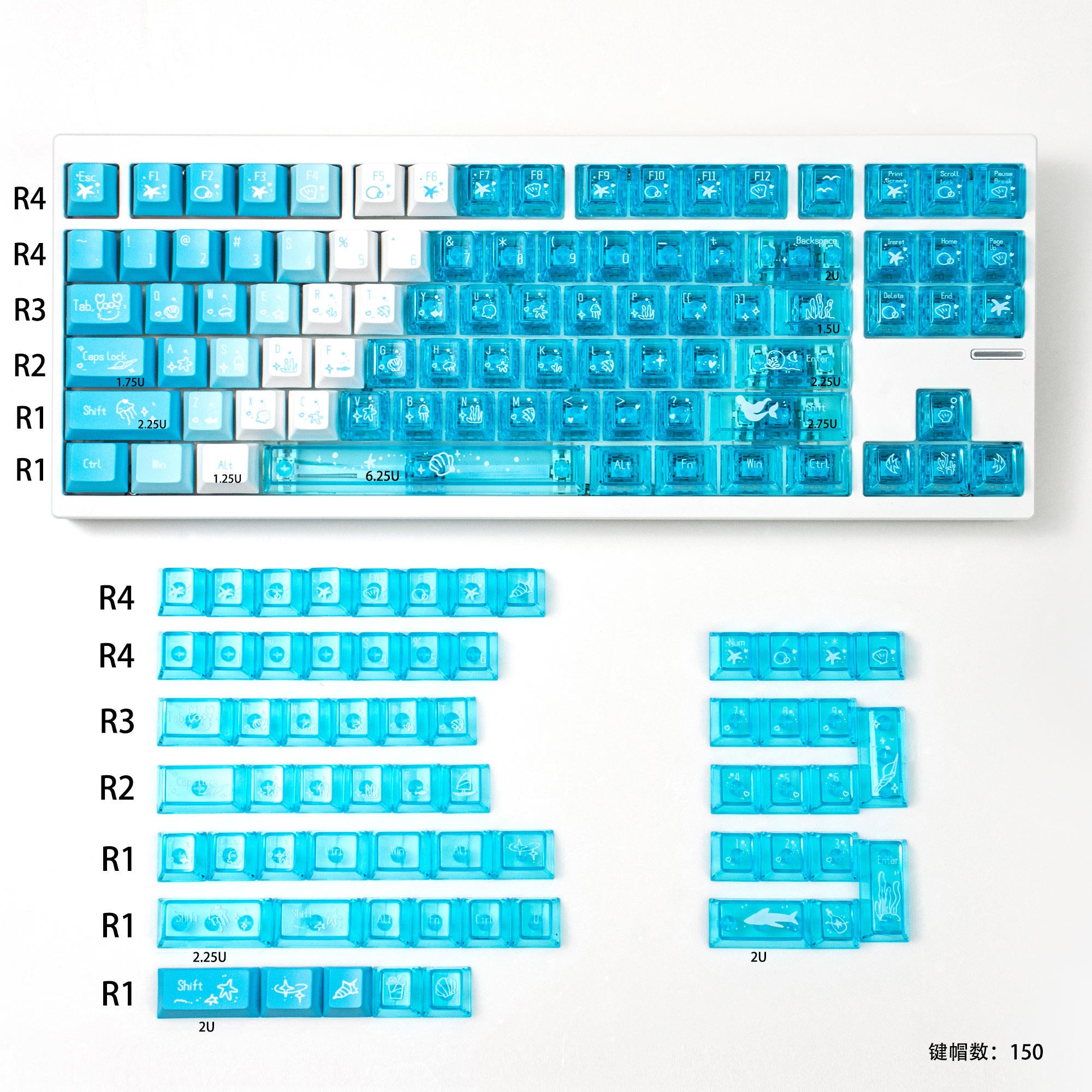 Custom Cherry profile Deep Sea Blue 150-keycaps height and layout guide by Taptempo, high-value mechanical keyboard upgrade with shipping to US and EU.