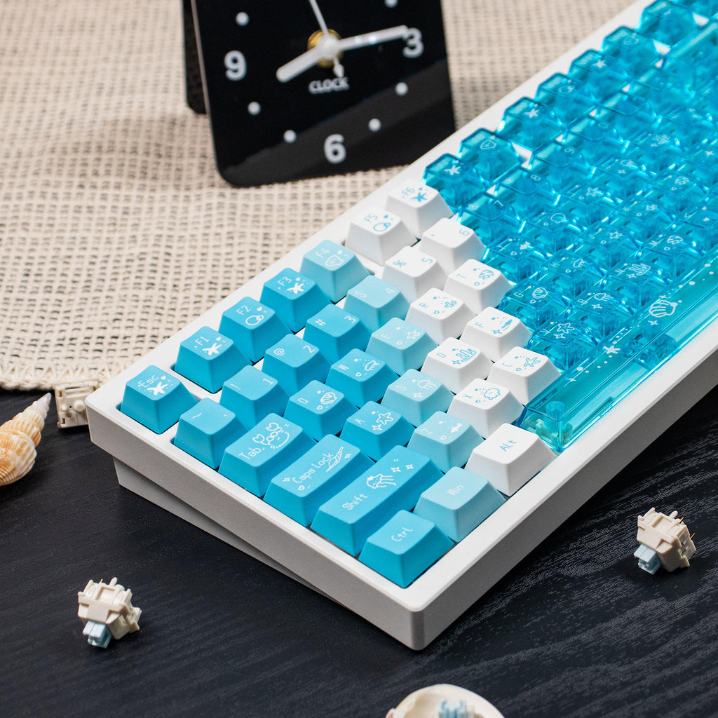 Custom Cherry profile Deep Sea Blue 35-key PBT keycap set by Taptempo, high-value mechanical keyboard upgrade with shipping to US and EU.