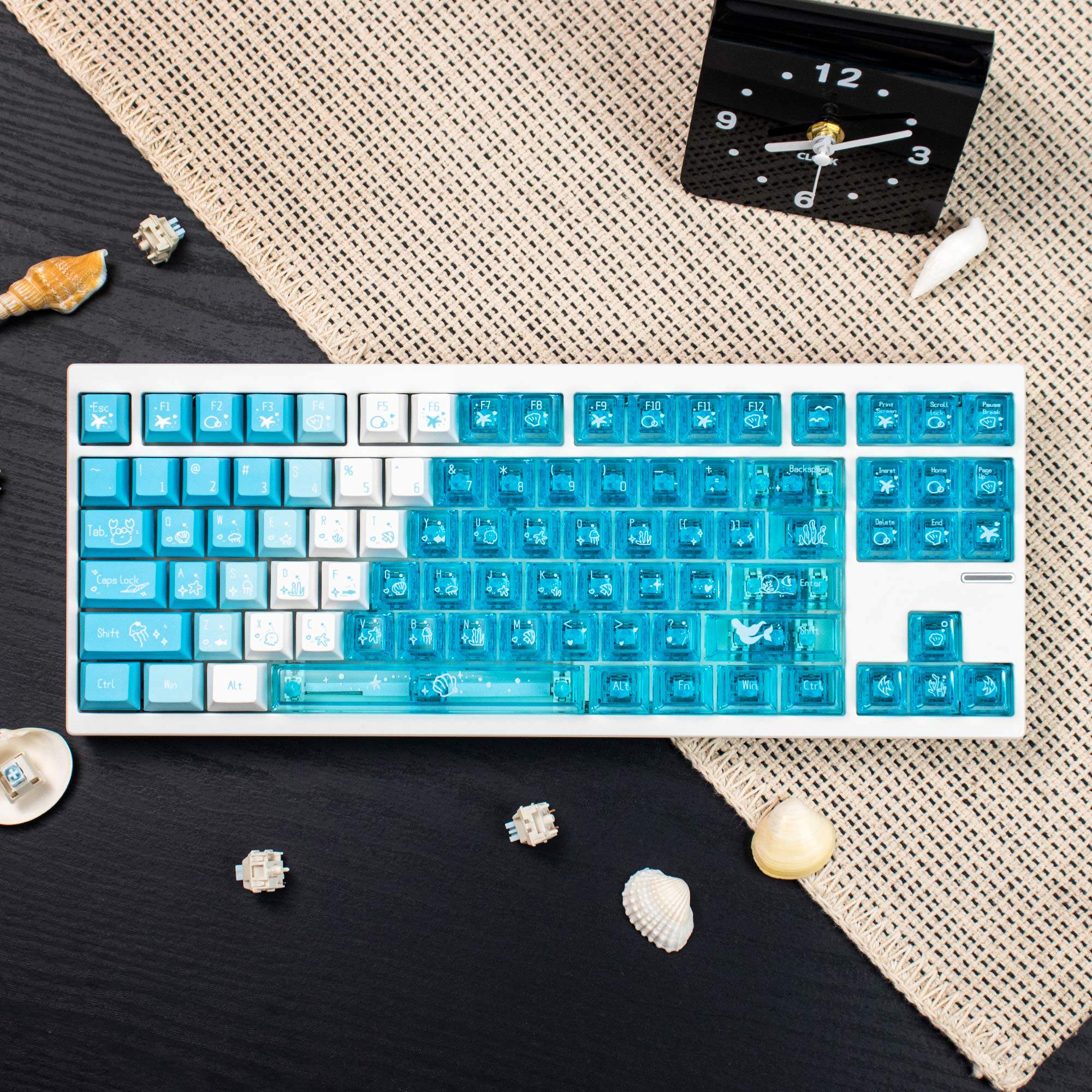 Full view of custom Cherry profile Deep Sea Blue 35-key PBT keycap set by Taptempo, budget-friendly mechanical keyboard upgrade with shipping to US and EU.